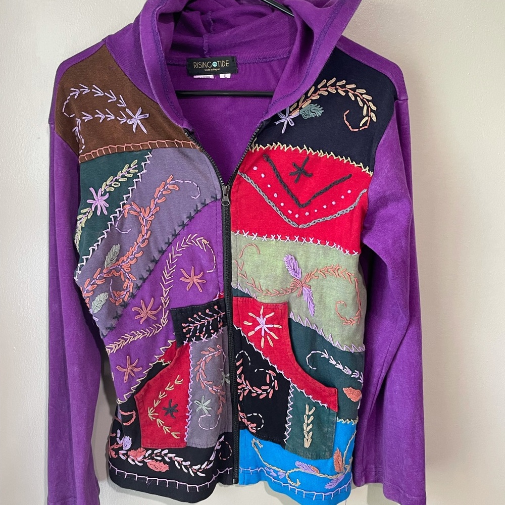 Rising Tide Purple Multi-Color Patchwork Zip Hoodie